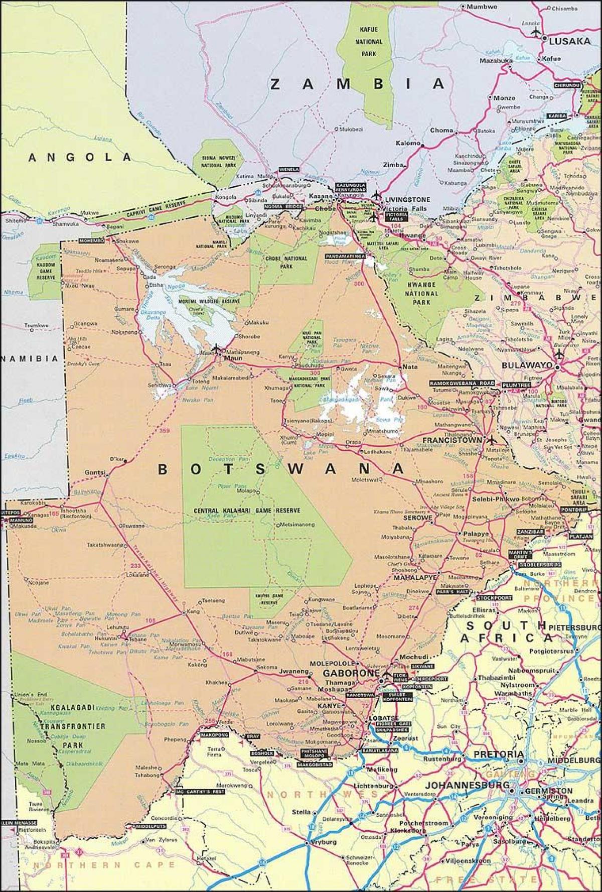 kort af Botswana kort með vegalengdir