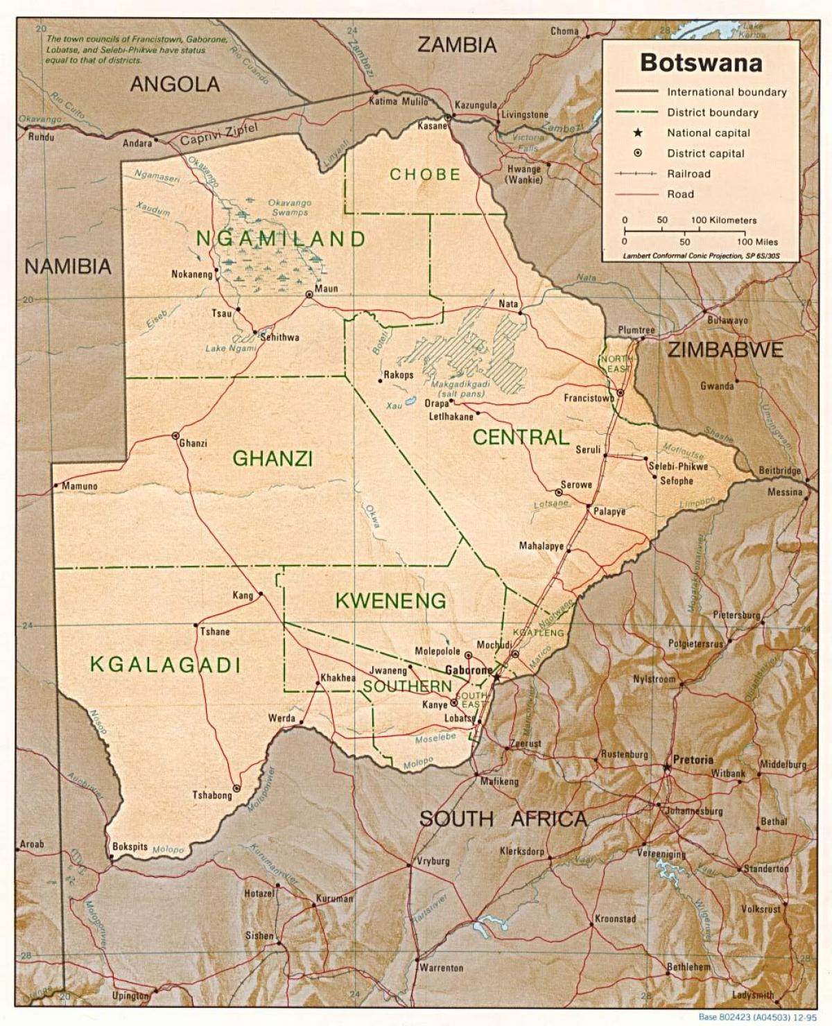 kort af Botswana að sýna bæja og þorpa